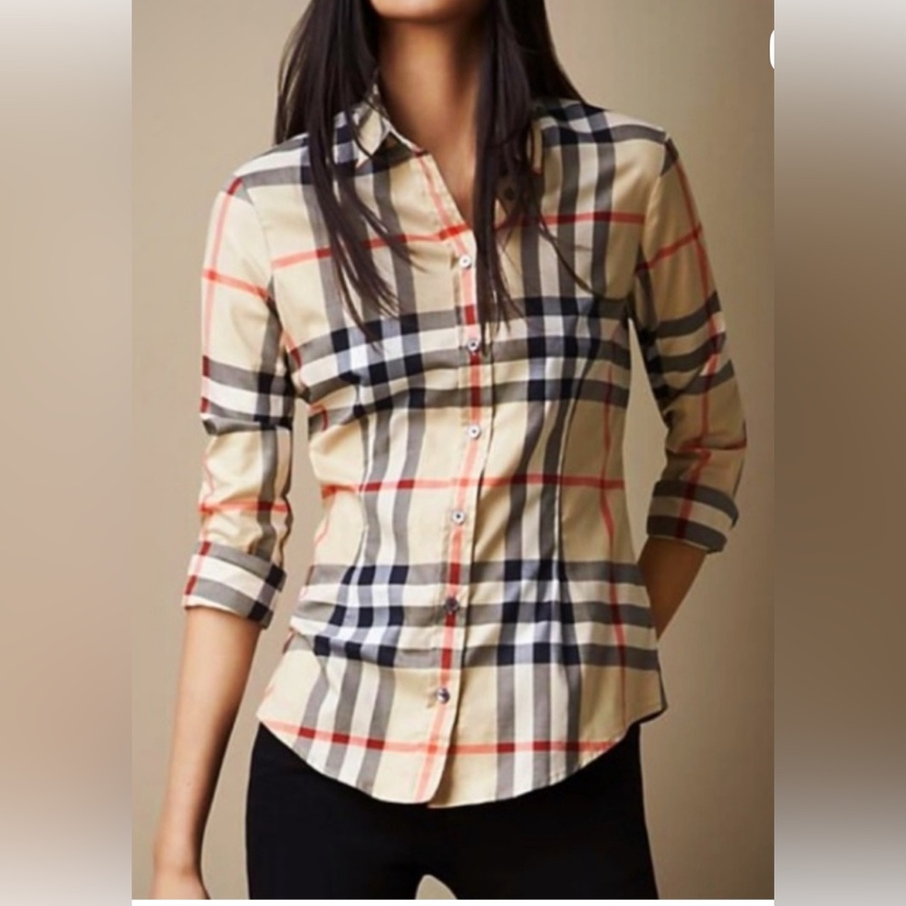 Burberry Women's Check Button-Down Shirt in White, Gray & Burgundy